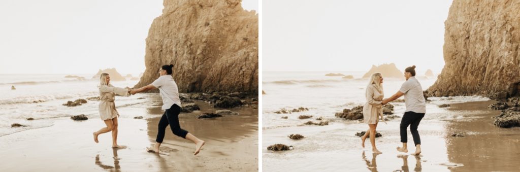 couple playing on a beach in malibu